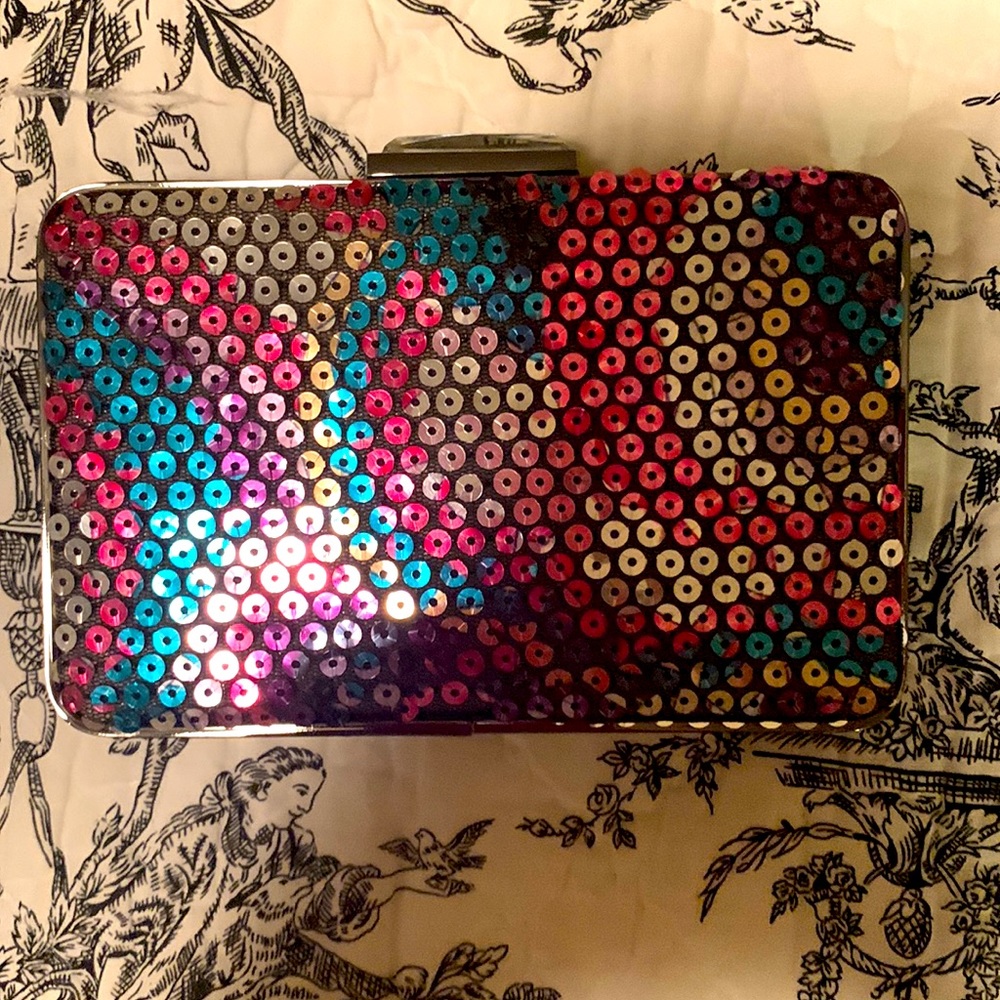 Sondra Roberts sequin multi-colored purse with optional chain shoulder strap.